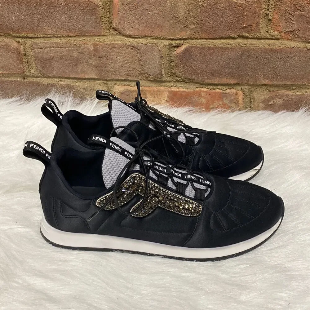 Fendi Embellished Black Satin Sneakers Size 37.5 - Picture 4 of 10